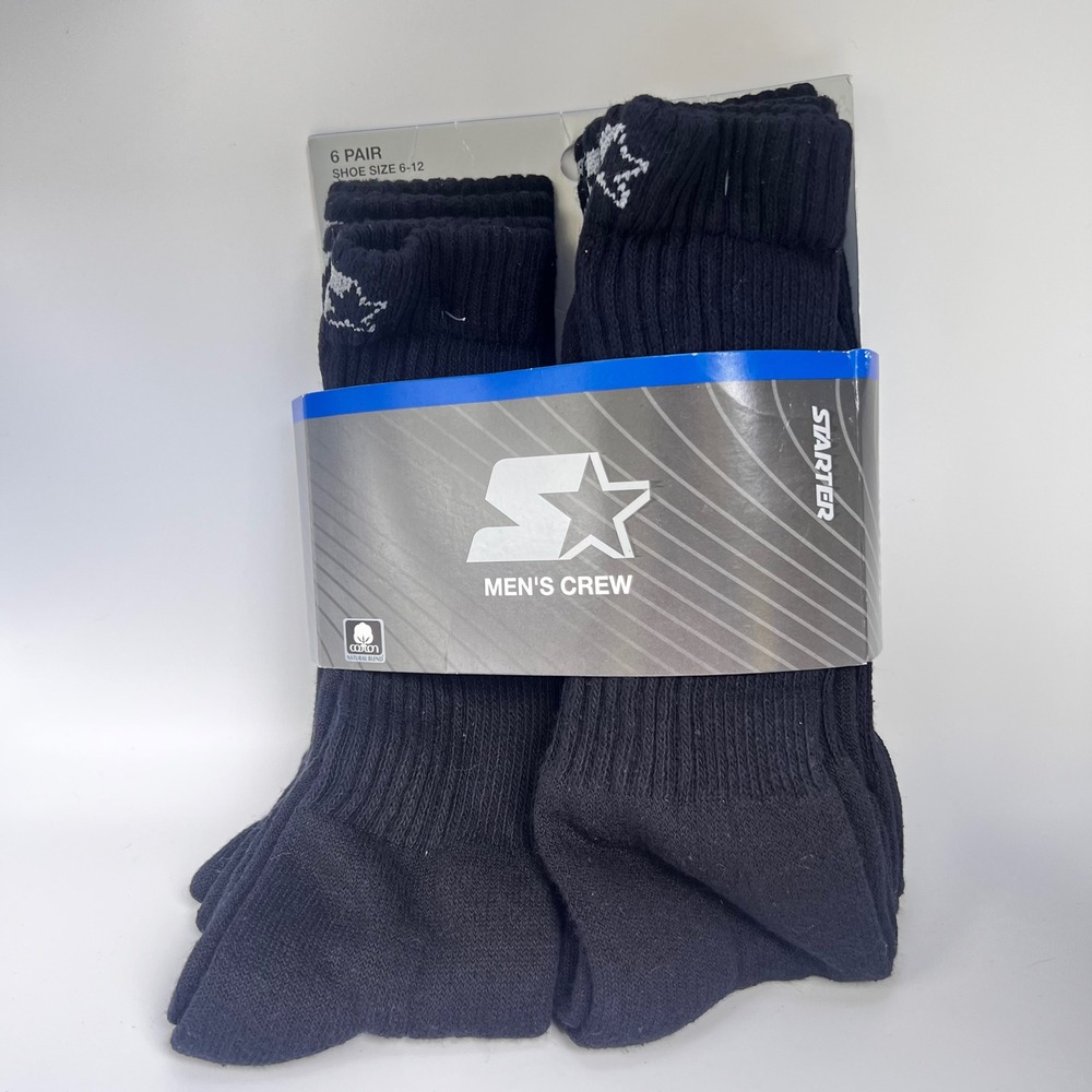 Starter Mens Crew Socks 6 Pair Black Shoe Size 6-12 Athletic Cotton Blend NEW